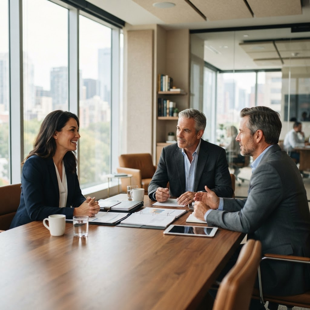 Financial advisors meeting with a business owner across a conference table