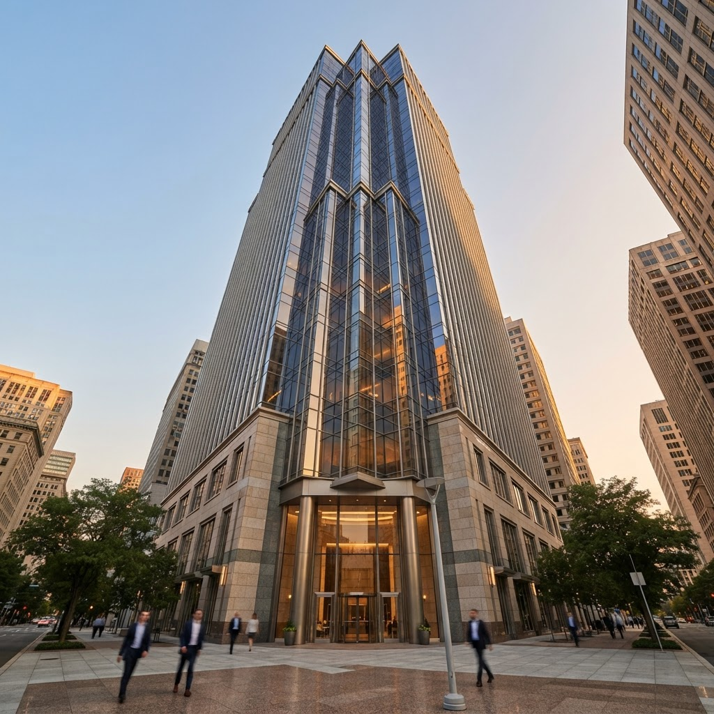 Modern commercial office tower in a financial district at golden hour